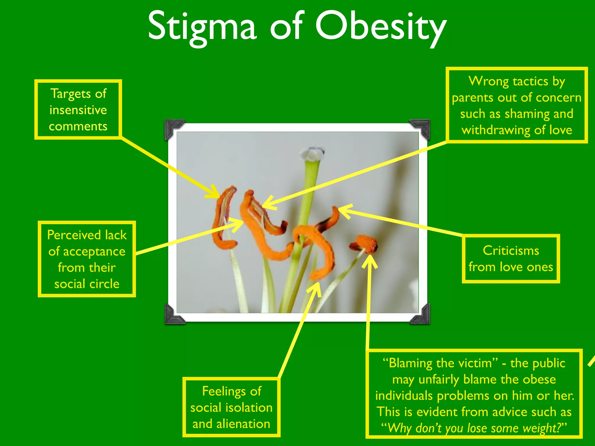 Stigma of Obesity
                                                      Wrong tactics by
Targets of                                         parents out of concern
insensitive                                         such as shaming and
comments                                            withdrawing of love




Perceived lack
of acceptance                                            Criticisms
  from their                                          from love ones
 social circle




                                        “Blaming the victim” - the public
                                         may unfairly blame the obese
                     Feelings of      individuals problems on him or her.
                   social isolation   This is evident from advice such as
                   and alienation      “Why don’t you lose some weight?”
 