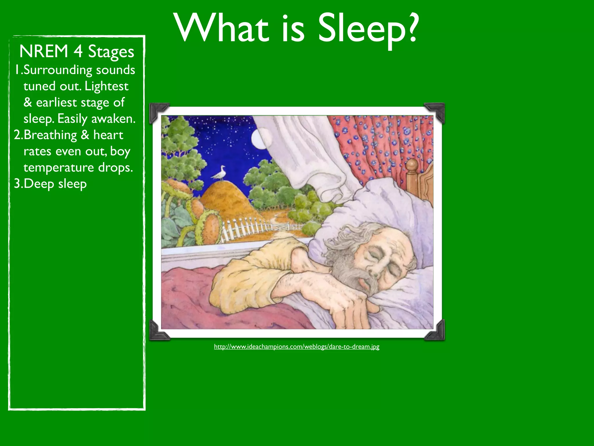 NREM 4 Stages
                          What is Sleep?
1.Surrounding sounds
  tuned out. Lightest
  & earliest stage of
  sleep. Easily awaken.
2.Breathing & heart
  rates even out, boy
  temperature drops.
3.Deep sleep




                            http://www.ideachampions.com/weblogs/dare-to-dream.jpg
 