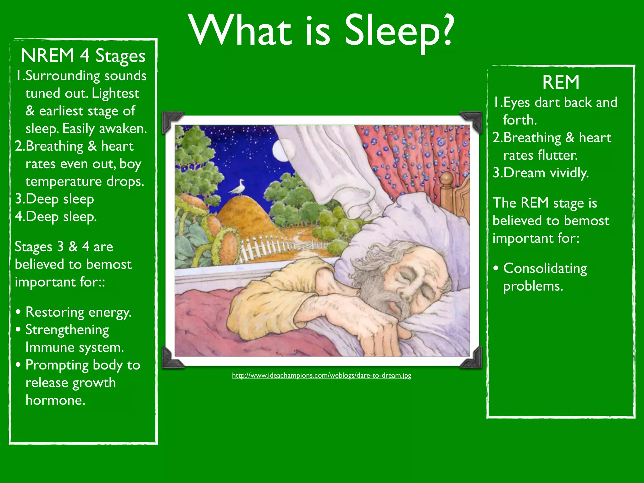 NREM 4 Stages
                          What is Sleep?
1.Surrounding sounds
  tuned out. Lightest
                                                                                            REM
                                                                                     1.Eyes dart back and
  & earliest stage of
                                                                                       forth.
  sleep. Easily awaken.
                                                                                     2.Breathing & heart
2.Breathing & heart
                                                                                       rates ﬂutter.
  rates even out, boy
                                                                                     3.Dream vividly.
  temperature drops.
3.Deep sleep                                                                         The REM stage is
4.Deep sleep.                                                                        believed to bemost
                                                                                     important for:
Stages 3 & 4 are
believed to bemost                                                                   • Consolidating
important for::                                                                       problems.
• Restoring energy.
• Strengthening
  Immune system.
• Prompting body to         http://www.ideachampions.com/weblogs/dare-to-dream.jpg
  release growth
  hormone.
 