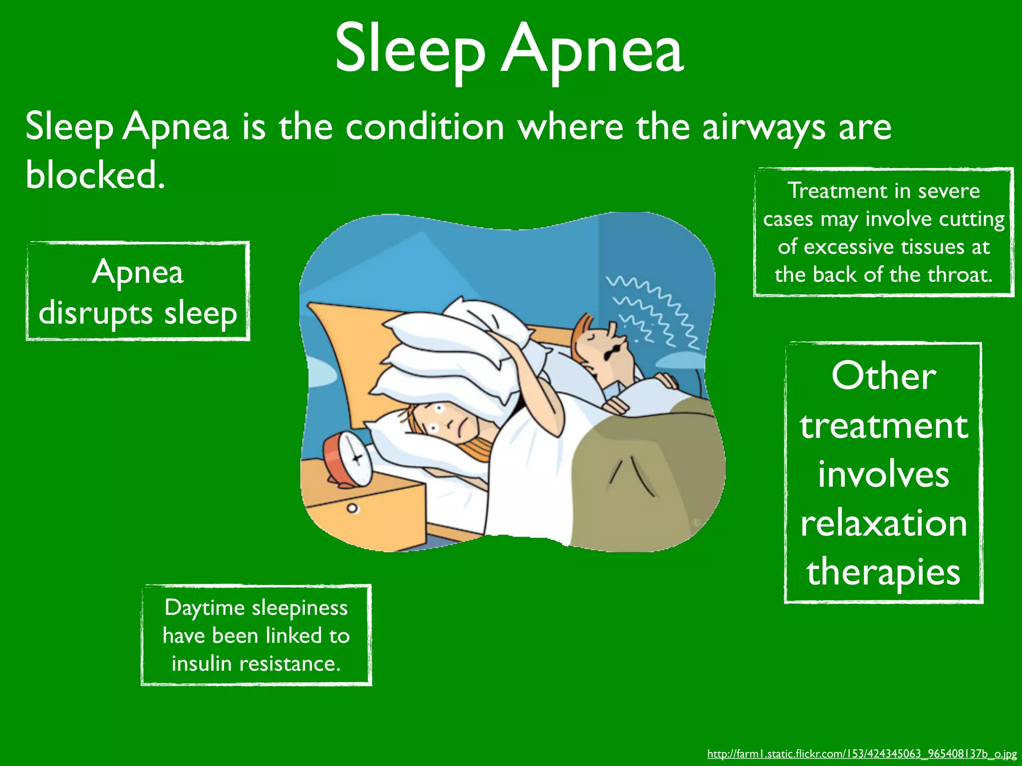 Sleep Apnea
Sleep Apnea is the condition where the airways are
blocked.                                    Treatment in severe
                                                       cases may involve cutting
                                                        of excessive tissues at
    Apnea                                               the back of the throat.
disrupts sleep
                                                                Other
                                                              treatment
                                                               involves
                                                              relaxation
                                                              therapies
         Daytime sleepiness
         have been linked to
          insulin resistance.


                                             http://farm1.static.ﬂickr.com/153/424345063_965408137b_o.jpg
 