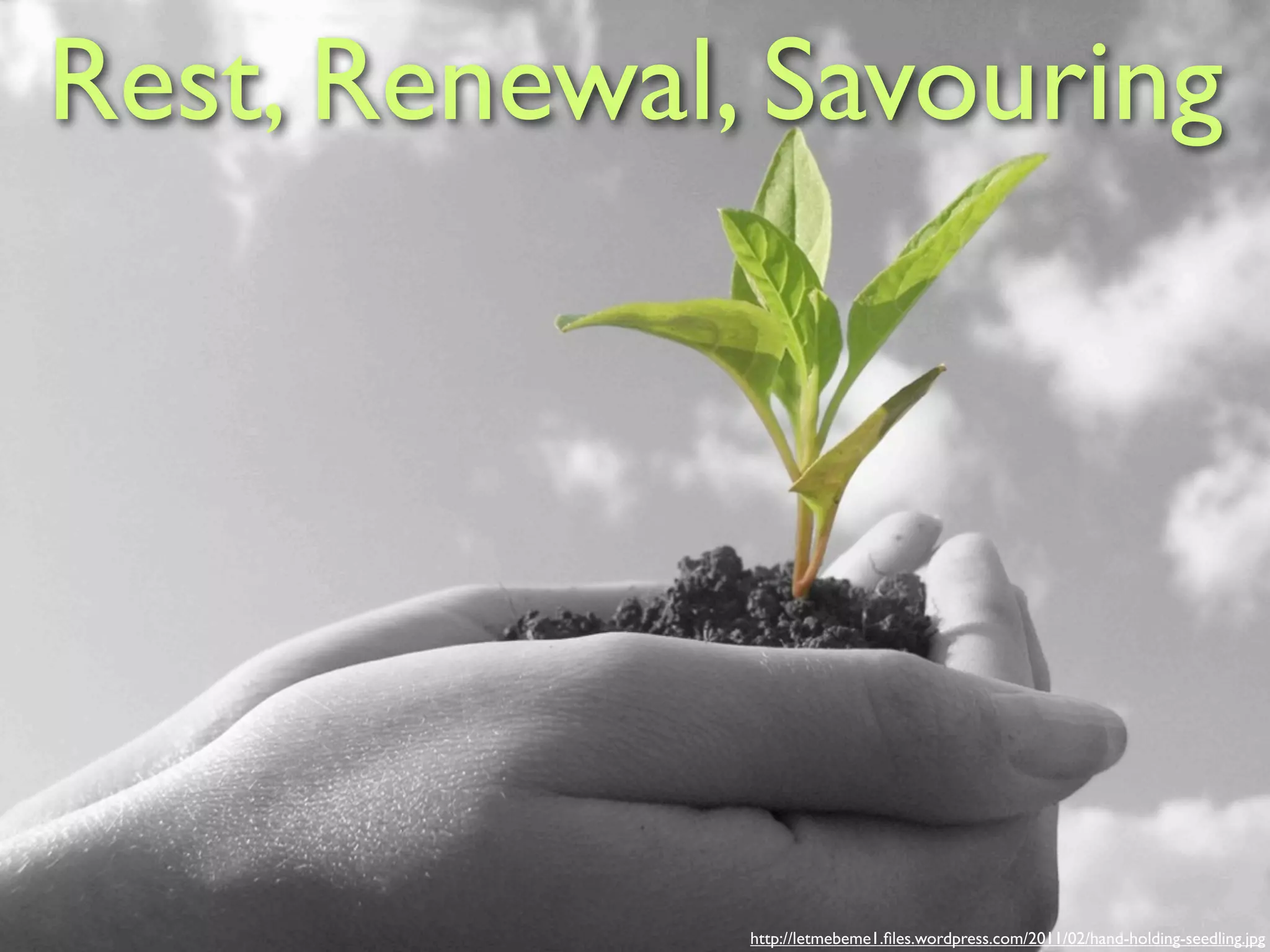 Rest, Renewal, Savouring




              http://letmebeme1.ﬁles.wordpress.com/2011/02/hand-holding-seedling.jpg
 
