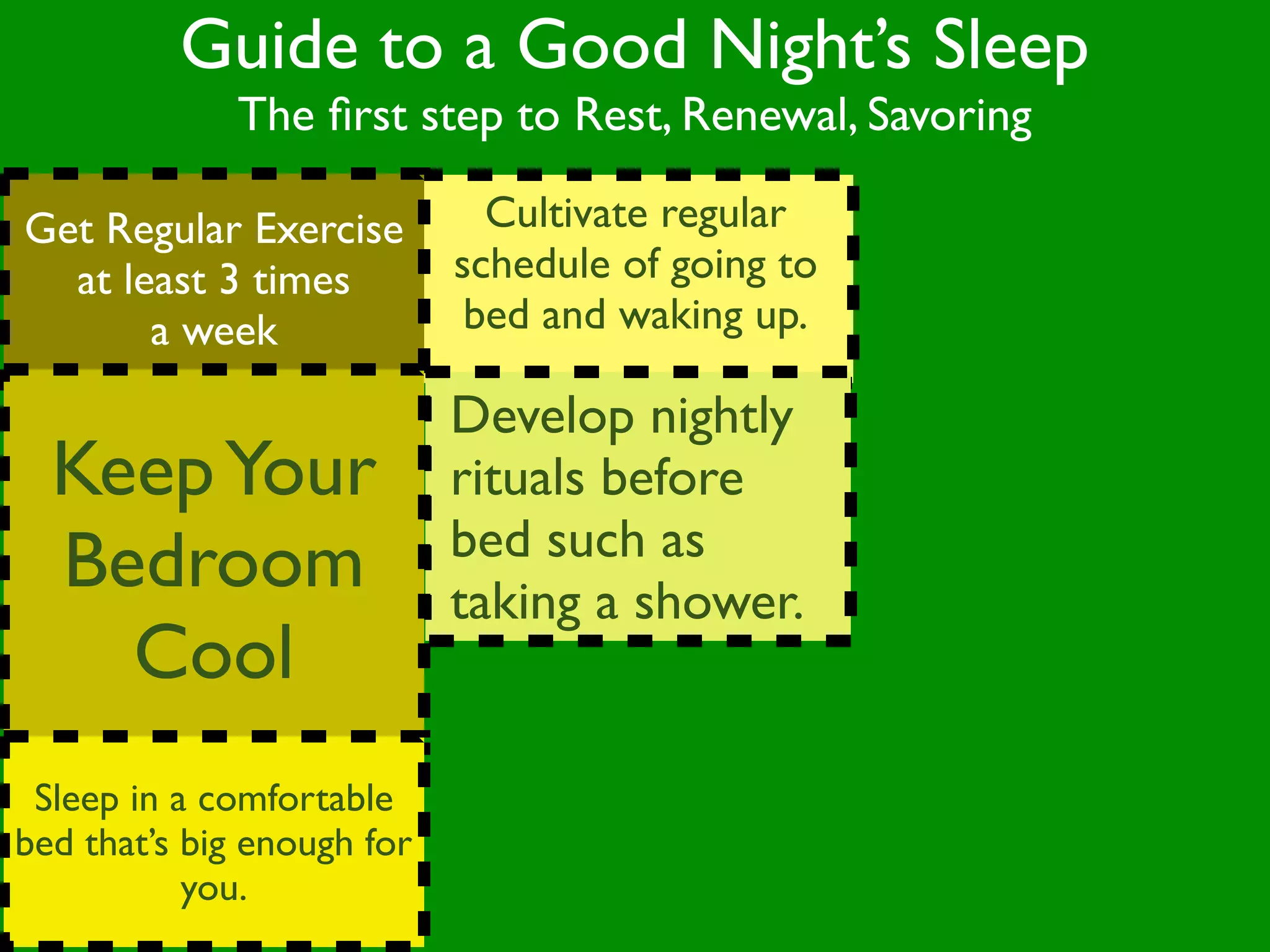Guide to a Good Night’s Sleep
              The ﬁrst step to Rest, Renewal, Savoring

Get Regular Exercise          Cultivate regular
  at least 3 times          schedule of going to
       a week                bed and waking up.

                            Develop nightly
  Keep Your                 rituals before
                            bed such as
  Bedroom                   taking a shower.
    Cool
 Sleep in a comfortable
bed that’s big enough for
           you.
 