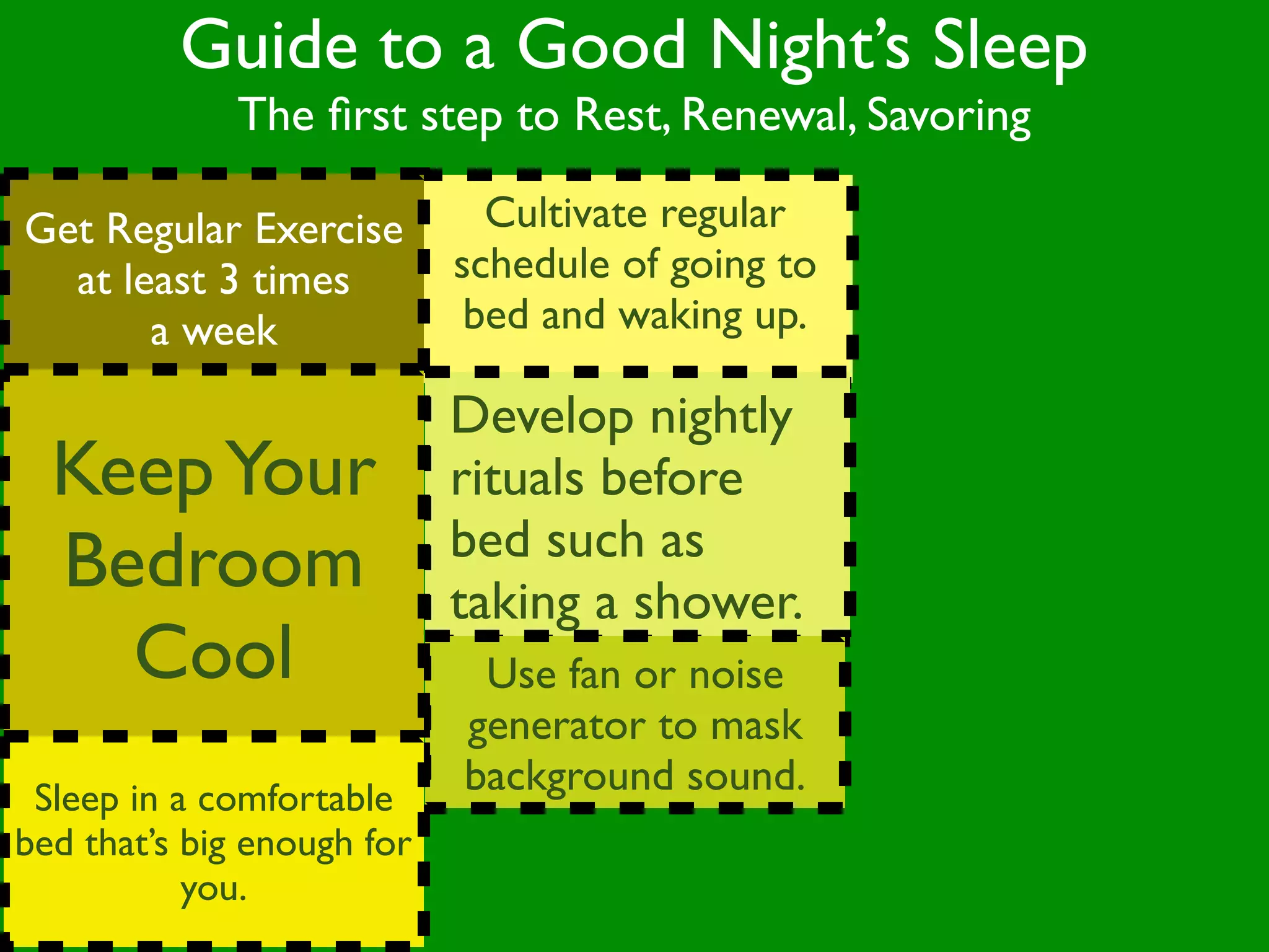 Guide to a Good Night’s Sleep
              The ﬁrst step to Rest, Renewal, Savoring

Get Regular Exercise          Cultivate regular
  at least 3 times          schedule of going to
       a week                bed and waking up.

                            Develop nightly
  Keep Your                 rituals before
                            bed such as
  Bedroom                   taking a shower.
    Cool                     Use fan or noise
                            generator to mask
 Sleep in a comfortable
                            background sound.
bed that’s big enough for
           you.
 