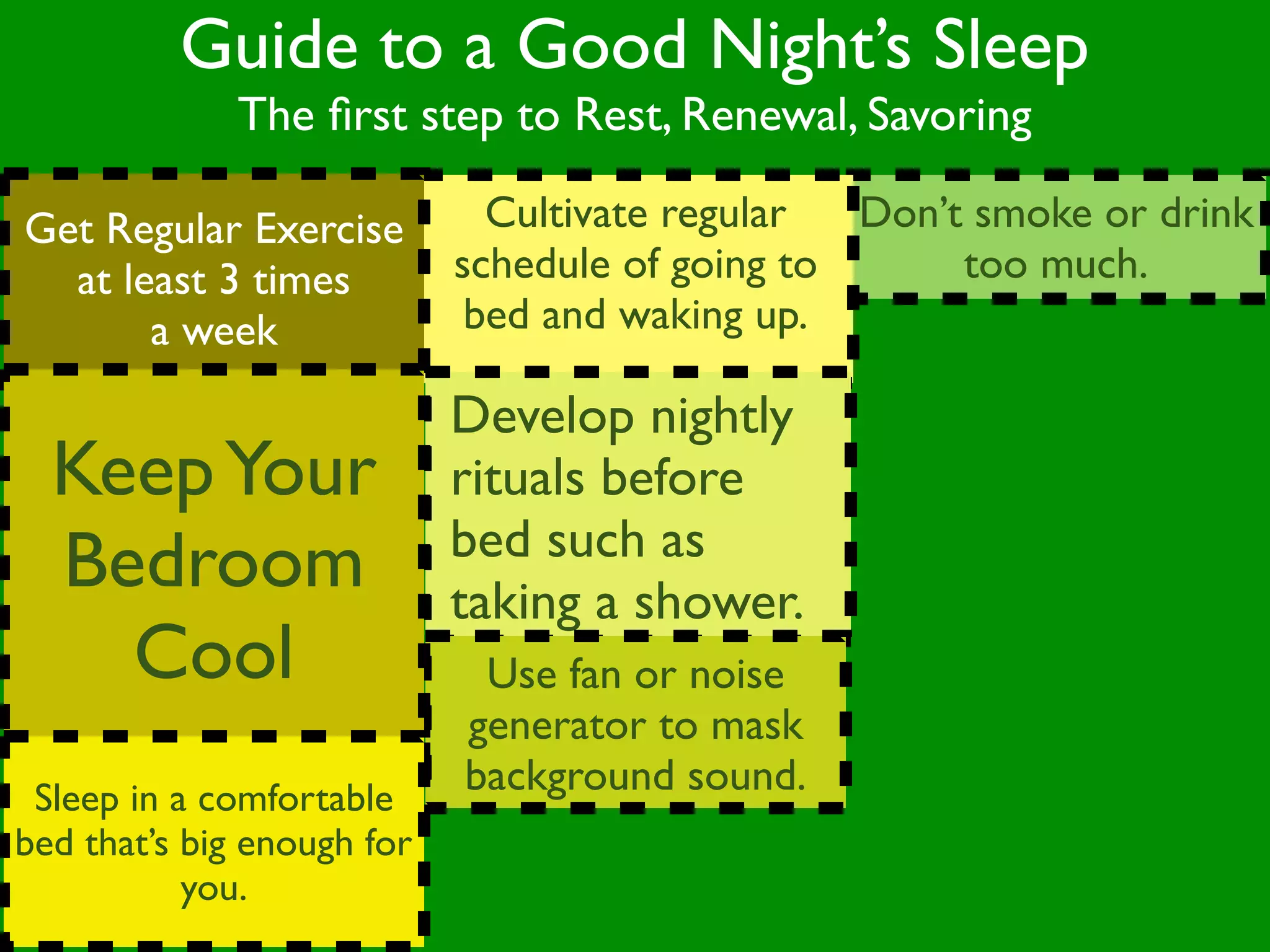 Guide to a Good Night’s Sleep
              The ﬁrst step to Rest, Renewal, Savoring

Get Regular Exercise          Cultivate regular  Don’t smoke or drink
  at least 3 times          schedule of going to      too much.
       a week                bed and waking up.

                            Develop nightly
  Keep Your                 rituals before
                            bed such as
  Bedroom                   taking a shower.
    Cool                     Use fan or noise
                            generator to mask
 Sleep in a comfortable
                            background sound.
bed that’s big enough for
           you.
 