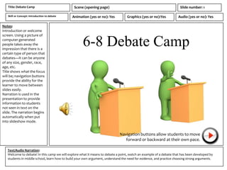 Title: Debate Camp                          Scene (opening page)                                                    Slide number: 1

   Skill or Concept: Introduction to debate   Animation (yes or no): Yes           Graphics (yes or no):Yes          Audio (yes or no): Yes

Notes:
Introduction or welcome
screen. Using a picture of
computer generated
people takes away the
impression that there is a
                                                     6-8 Debate Camp
certain type of person that
debates—it can be anyone
of any size, gender, race,
age, etc.
Title shows what the focus
will be; navigation buttons
provide the ability for the
learner to move between
slides easily.
Narration is used in the
presentation to provide
information to students
not seen in text on the
slide. The narration begins
automatically when put
into slideshow mode.


                                                                              Navigation buttons allow students to move
                                                                                 forward or backward at their own pace.

   Text/Audio Narration:
   Welcome to debate! In this camp we will explore what it means to debate a point, watch an example of a debate that has been developed by
   students in middle school, learn how to build your own argument, understand the need for evidence, and practice choosing strong arguments.
 