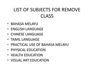 LIST OF SUBJECTS FOR REMOVE
CLASS
• BAHASA MELAYU
• ENGLISH LANGUAGE
• CHINESE LANGUAGE
• TAMIL LANGUAGE
• PRACTICAL USE OF BAHASA MELAYU
• PHYSICAL EDUCATION
• HEALTH EDUCATION
• VISUAL ART EDUCATION
 