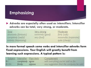 Emphasizing
u Adverbs are especially often used as intensifiers. Intensifier
adverbs can be total, very strong, or moderate.
In more formal speech some verbs and intensifier adverbs form
fixed expressions. Your English will greatly benefit from
learning such expressions. A typical pattern is:
 