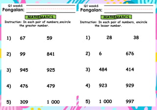 Pangalan:
Instruction: In each pair of numbers,encircle
the greater number.
Pangalan:
MATHEMATICS MATHEMATICS
Instruction: In each pair of numbers, encircle
the lesser number.
Q1 week5 Q1 week5
1) 67 59
2) 99 841
3) 945 925
4) 476 479
5) 309 1 000
1) 28 38
2) 6 676
3) 484 414
4) 923 929
5) 1 000 997
 