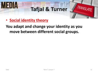 Tafjal & Turner
• Social identity theory
You adapt and change your identity as you
move between different social groups.
Date Term ?, Lesson ? 11
 