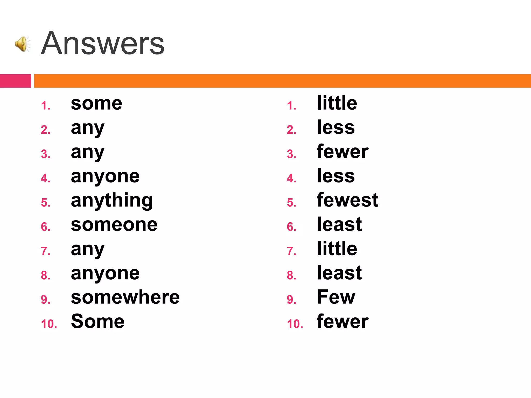 Answers
1. some
2. any
3. any
4. anyone
5. anything
6. someone
7. any
8. anyone
9. somewhere
10. Some
1. little
2. less
3. fewer
4. less
5. fewest
6. least
7. little
8. least
9. Few
10. fewer
 