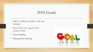 2016 Goals
• Add 2.5 million members with new
business
• Cross train every agent in the
contact center
• Team building
• Management training
 