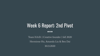 Week 6 Report: 2nd Pivot
Team H.A.B. | Creative founder | fall 2020
Hermione Hu, Amanda Liu & Ben Dai
10.13.2020
 