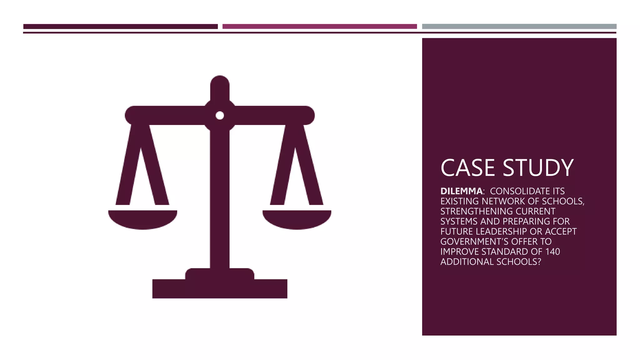 CASE STUDY
DILEMMA: CONSOLIDATE ITS
EXISTING NETWORK OF SCHOOLS,
STRENGTHENING CURRENT
SYSTEMS AND PREPARING FOR
FUTURE LEADERSHIP OR ACCEPT
GOVERNMENT’S OFFER TO
IMPROVE STANDARD OF 140
ADDITIONAL SCHOOLS?
 