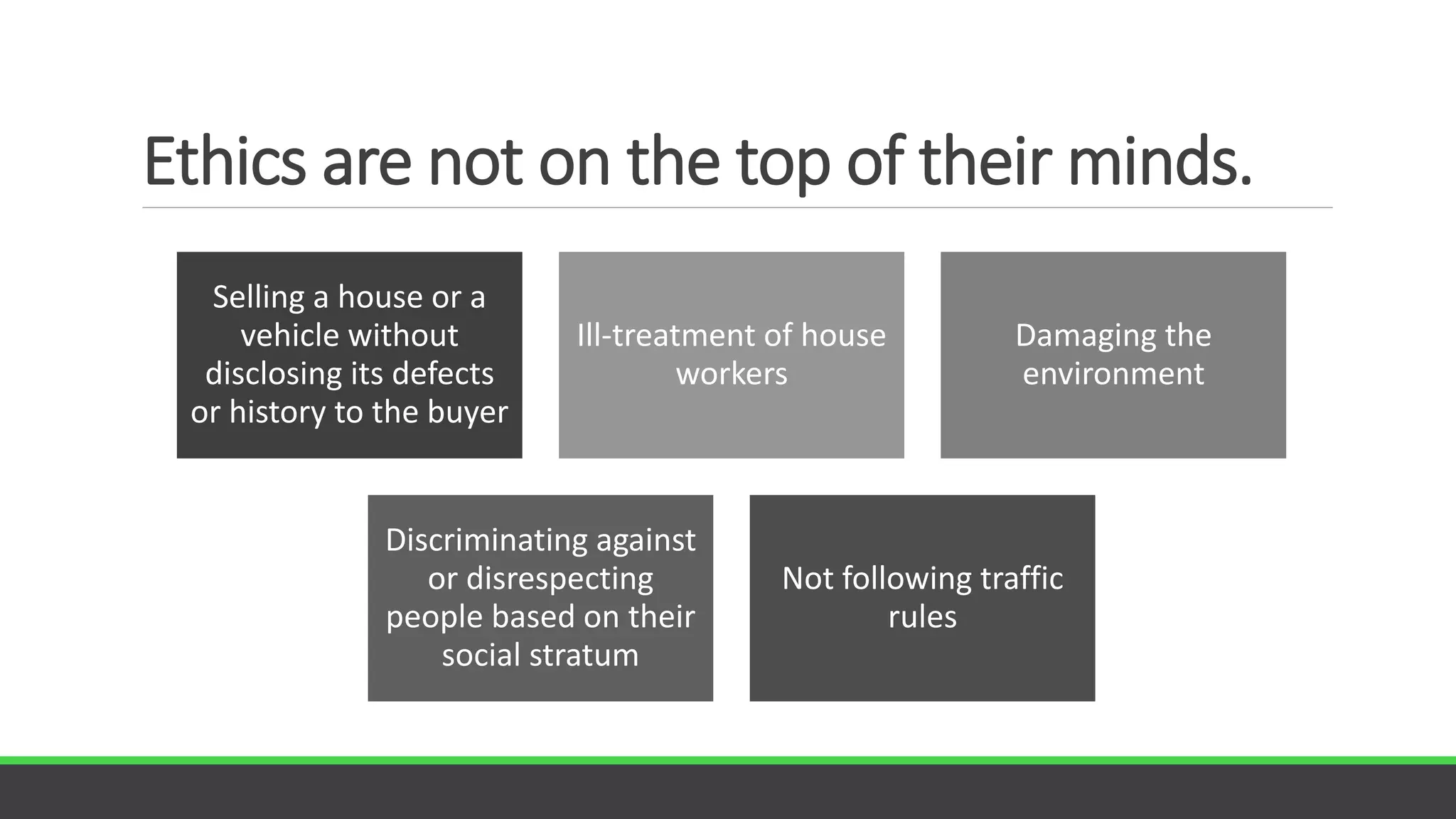Ethics are not on the top of their minds.
Selling a house or a
vehicle without
disclosing its defects
or history to the buyer
Ill-treatment of house
workers
Damaging the
environment
Discriminating against
or disrespecting
people based on their
social stratum
Not following traffic
rules
 