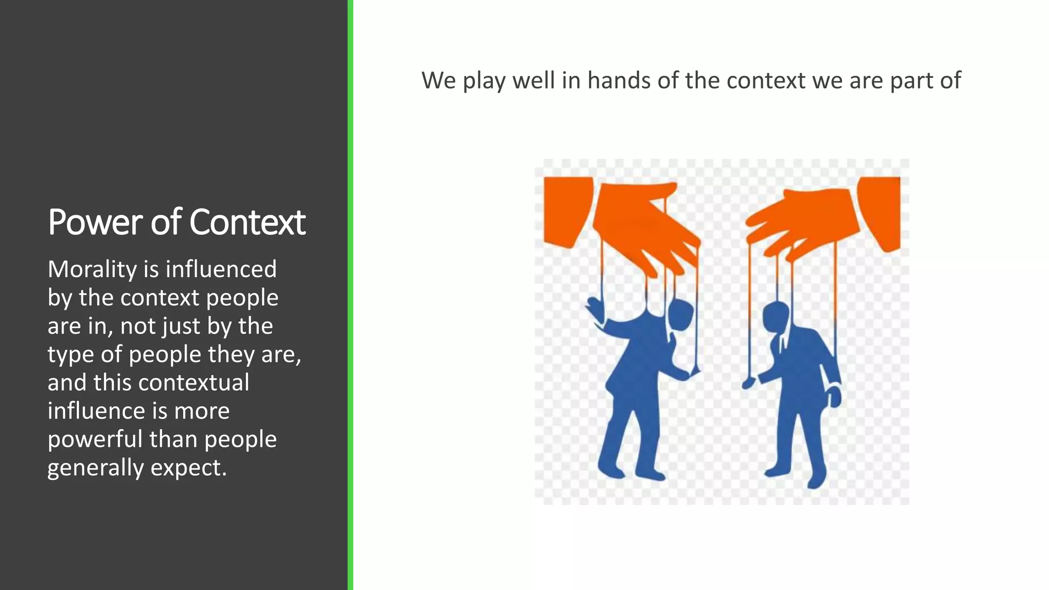 Power of Context
We play well in hands of the context we are part of
Morality is influenced
by the context people
are in, not just by the
type of people they are,
and this contextual
influence is more
powerful than people
generally expect.
 