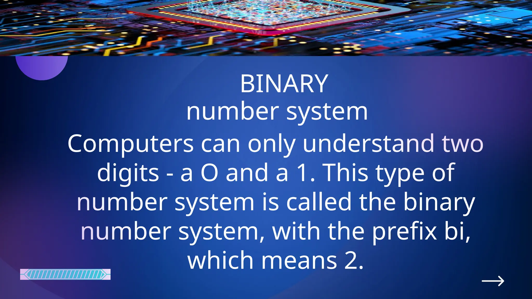 BINARY
number system
Computers can only understand two
digits - a O and a 1. This type of
number system is called the binary
number system, with the prefix bi,
which means 2.
 