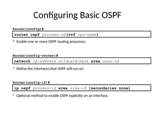 router ospf process-id [vrf vpn-name]
Router(config)#
 Enable one or more OSPF routing processes.
Configuring Basic OSPF
network ip-address wildcard-mask area area-id
Router(config-router)#
 Define the interfaces that OSPF will run on.
Router(config-if)#
ip ospf process-id area area-id [secondaries none]
 Optional method to enable OSPF explicitly on an interface.
 