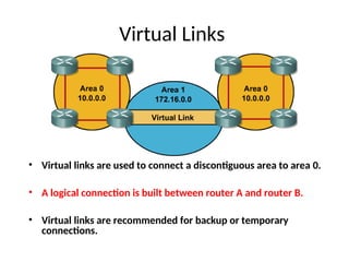 Virtual Links
• Virtual links are used to connect a discontiguous area to area 0.
• A logical connection is built between router A and router B.
• Virtual links are recommended for backup or temporary
connections.
 