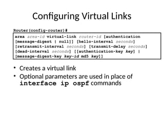 Configuring Virtual Links
• Creates a virtual link
• Optional parameters are used in place of
interface ip ospf commands
area area-id virtual-link router-id [authentication
[message-digest | null]] [hello-interval seconds]
[retransmit-interval seconds] [transmit-delay seconds]
[dead-interval seconds] [[authentication-key key] |
[message-digest-key key-id md5 key]]
Router(config-router)#
 