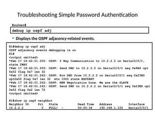Troubleshooting Simple Password Authentication
R1#debug ip ospf adj
OSPF adjacency events debugging is on
R1#
<output omitted>
*Feb 17 18:42:01.250: OSPF: 2 Way Communication to 10.2.2.2 on Serial0/0/1,
state 2WAY
*Feb 17 18:42:01.250: OSPF: Send DBD to 10.2.2.2 on Serial0/0/1 seq 0x9B6 opt
0x52 flag 0x7 len 32
*Feb 17 18:42:01.262: OSPF: Rcv DBD from 10.2.2.2 on Serial0/0/1 seq 0x23ED
opt0x52 flag 0x7 len 32 mtu 1500 state EXSTART
*Feb 17 18:42:01.262: OSPF: NBR Negotiation Done. We are the SLAVE
*Feb 17 18:42:01.262: OSPF: Send DBD to 10.2.2.2 on Serial0/0/1 seq 0x23ED opt
0x52 flag 0x2 len 72
<output omitted>
R1#show ip ospf neighbor
Neighbor ID Pri State Dead Time Address Interface
10.2.2.2 0 FULL/ - 00:00:34 192.168.1.102 Serial0/0/1
• Displays the OSPF adjacency-related events.
debug ip ospf adj
Router#
 