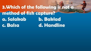3.Which of the following is not a
method of fish capture?
a. Salakab b. Baklad
c. Balsa d. Handline
 