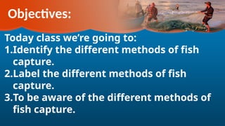 Objectives:
Today class we’re going to:
1.Identify the different methods of fish
capture.
2.Label the different methods of fish
capture.
3.To be aware of the different methods of
fish capture.
 
