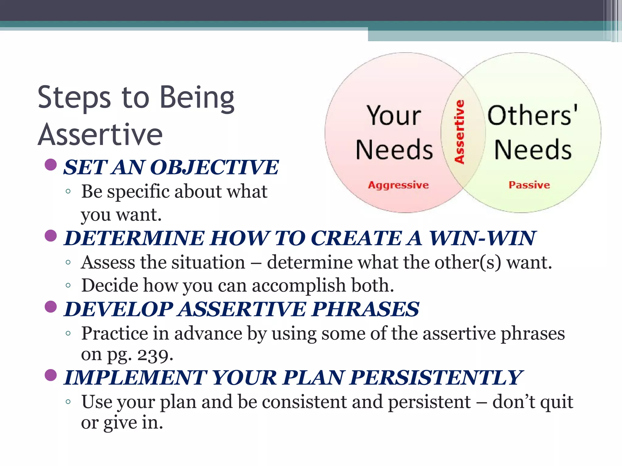 Steps to Being
Assertive
SET AN OBJECTIVE
◦ Be specific about what
you want.
DETERMINE HOW TO CREATE A WIN-WIN
◦ Assess the situation – determine what the other(s) want.
◦ Decide how you can accomplish both.
DEVELOP ASSERTIVE PHRASES
◦ Practice in advance by using some of the assertive phrases
on pg. 239.
IMPLEMENT YOUR PLAN PERSISTENTLY
◦ Use your plan and be consistent and persistent – don’t quit
or give in.
 