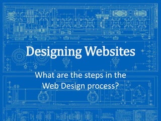 Designing Websites
What are the steps in the
Web Design process?
Image from: http://antiqueradios.com/forums/viewtopic.php?f=1&t=188309&start=20

 