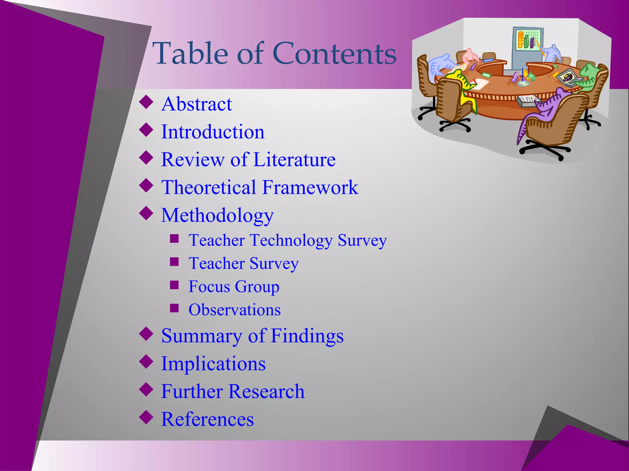 Table of Contents
 Abstract
 Introduction
 Review of Literature
 Theoretical Framework
 Methodology
    Teacher Technology Survey
    Teacher Survey
    Focus Group
    Observations
 Summary of Findings
 Implications
 Further Research
 References
 