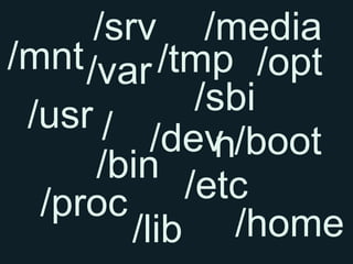 /srv /media
/mnt /var /tmp /opt
 /usr /       /sbi
           /dev /boot
               n
      /bin
  /proc      /etc
         /lib /home
 
