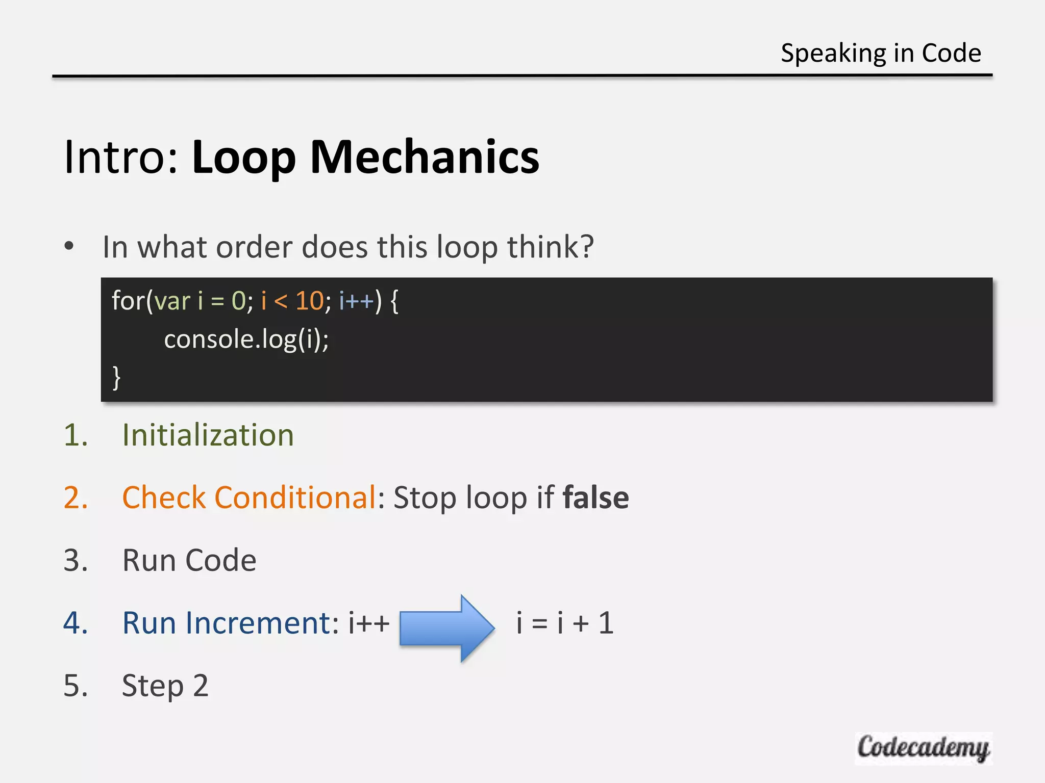 Speaking in Code


Intro: Loop Mechanics
• In what order does this loop think?
   for(var i = 0; i < 10; i++) {
        console.log(i);
   }

1. Initialization
2. Check Conditional: Stop loop if false
3. Run Code
4. Run Increment: i++              i=i+1
5. Step 2
 