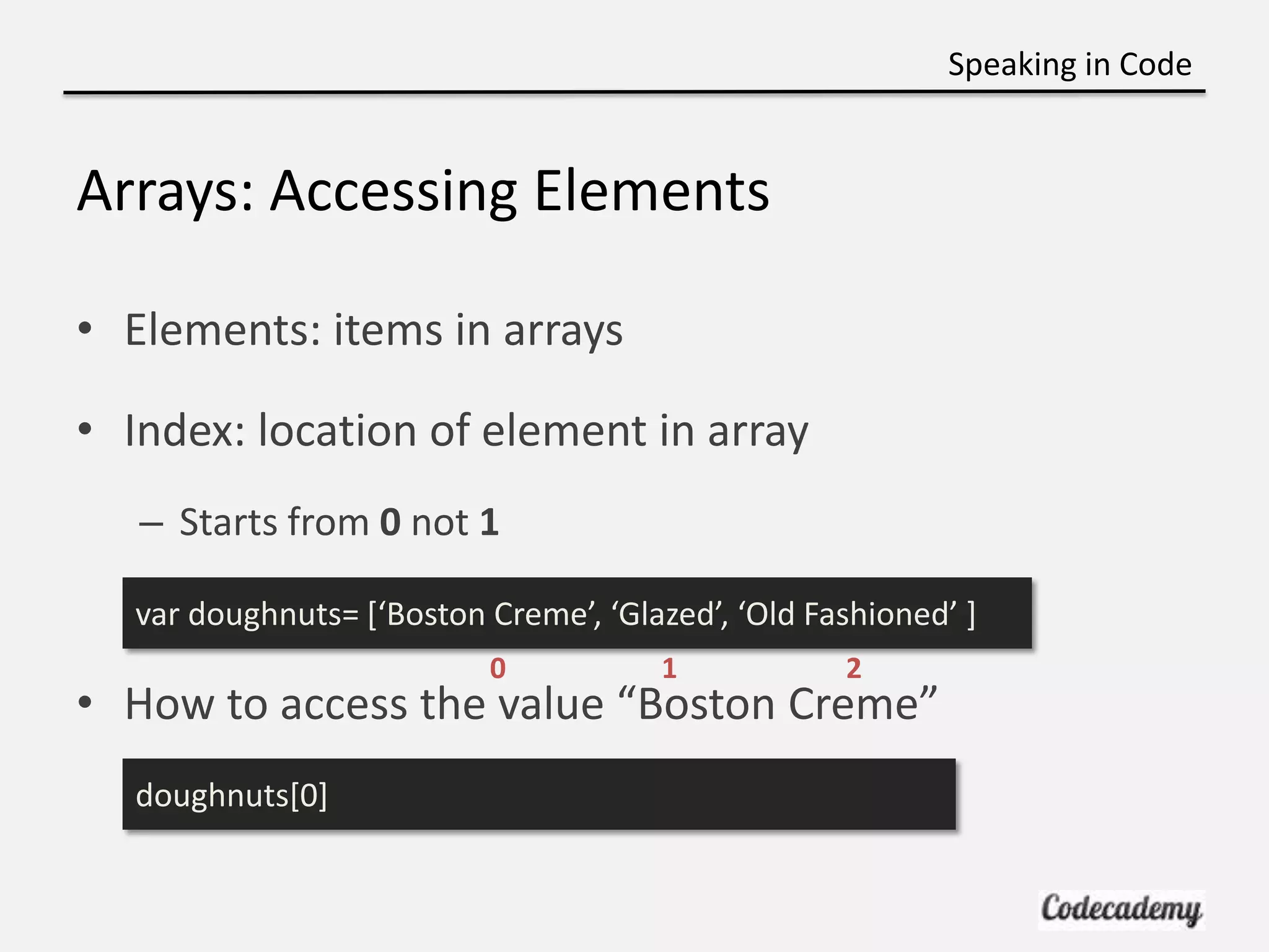 Speaking in Code


Arrays: Accessing Elements

• Elements: items in arrays

• Index: location of element in array
   – Starts from 0 not 1

  var doughnuts= *‘Boston Creme’, ‘Glazed’, ‘Old Fashioned’ +
                          0           1            2
• How to access the value “Boston Creme”
  doughnuts[0]
 