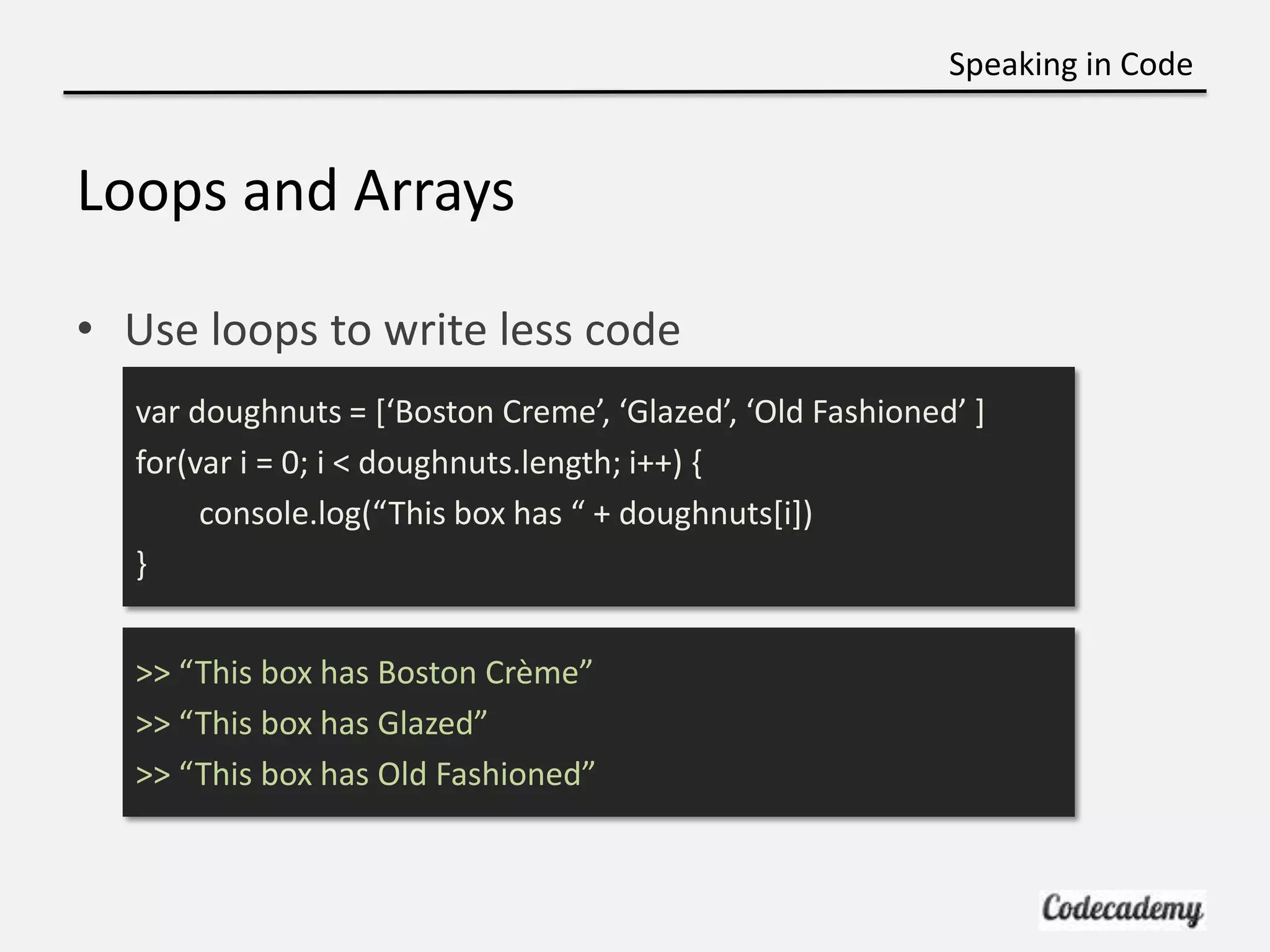 Speaking in Code


Loops and Arrays

• Use loops to write less code
  var doughnuts = *‘Boston Creme’, ‘Glazed’, ‘Old Fashioned’ ]
  for(var i = 0; i < doughnuts.length; i++) {
       console.log(“This box has “ + doughnuts*i])
  }


  >> “This box has Boston Crème”
  >> “This box has Glazed”
  >> “This box has Old Fashioned”
 