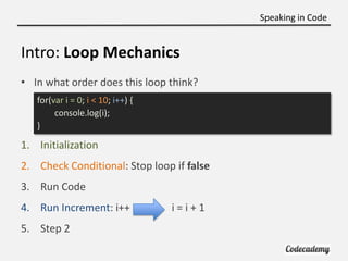 Speaking in Code


Intro: Loop Mechanics
• In what order does this loop think?
   for(var i = 0; i < 10; i++) {
        console.log(i);
   }

1. Initialization
2. Check Conditional: Stop loop if false
3. Run Code
4. Run Increment: i++              i=i+1
5. Step 2
 