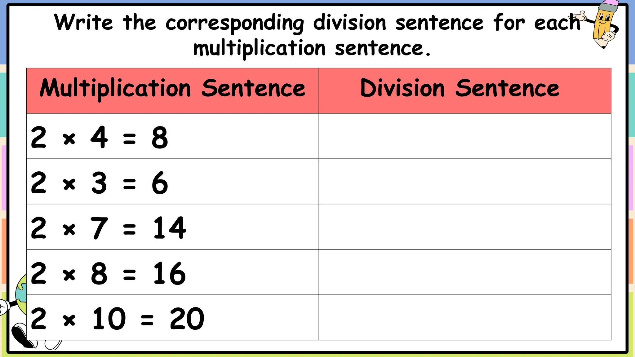 Write the corresponding division sentence for each
multiplication sentence.
Multiplication Sentence Division Sentence
2 × 4 = 8
2 × 3 = 6
2 × 7 = 14
2 × 8 = 16
2 × 10 = 20
 