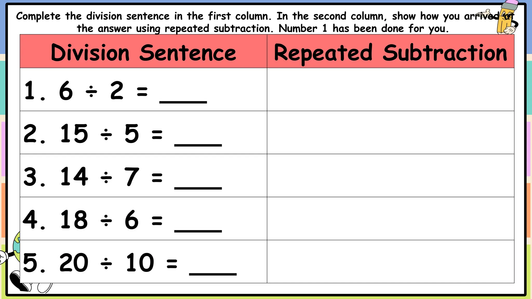 Division Sentence Repeated Subtraction
1. 6 ÷ 2 = ___
2. 15 ÷ 5 = ___
3. 14 ÷ 7 = ___
4. 18 ÷ 6 = ___
5. 20 ÷ 10 = ___
Complete the division sentence in the first column. In the second column, show how you arrived at
the answer using repeated subtraction. Number 1 has been done for you.
 