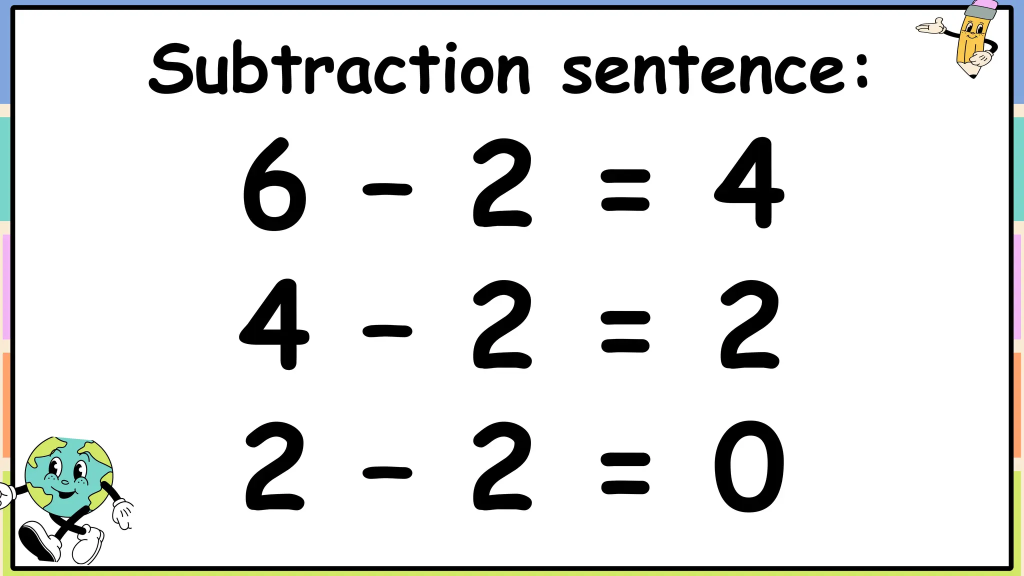 Subtraction sentence:
6 – 2 = 4
4 – 2 = 2
2 – 2 = 0
 