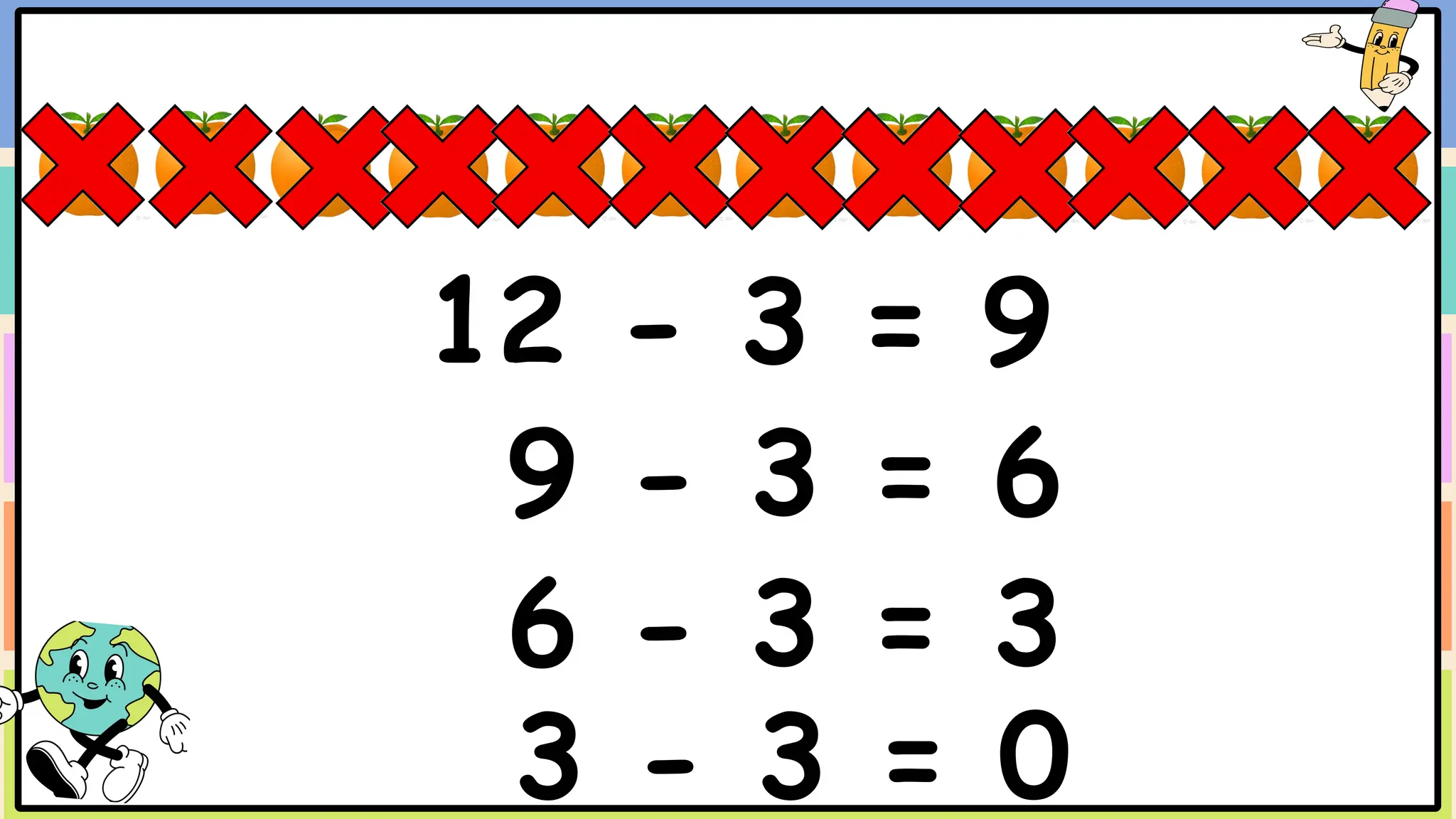 12 - 3 = 9
9 - 3 = 6
6 - 3 = 3
3 - 3 = 0
 