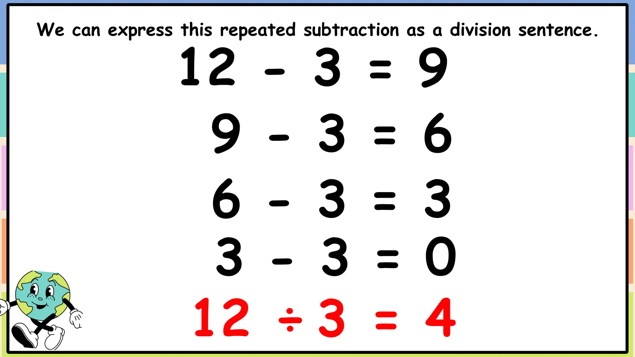 12 - 3 = 9
9 - 3 = 6
6 - 3 = 3
3 - 3 = 0
We can express this repeated subtraction as a division sentence.
12 ÷ 3 = 4
 