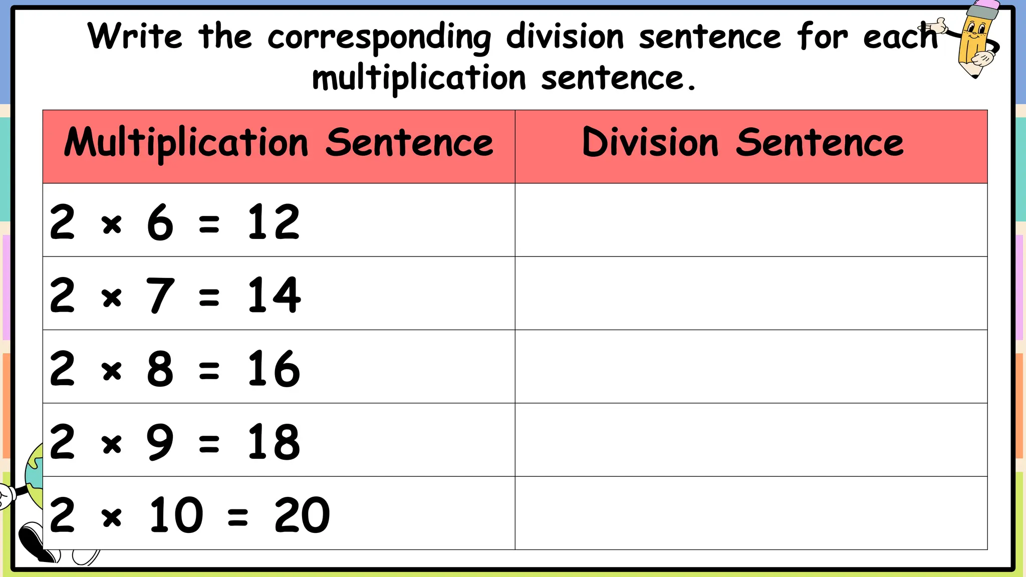 Write the corresponding division sentence for each
multiplication sentence.
Multiplication Sentence Division Sentence
2 × 6 = 12
2 × 7 = 14
2 × 8 = 16
2 × 9 = 18
2 × 10 = 20
 