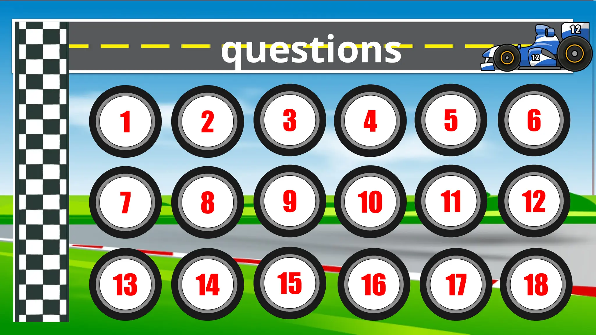 1 2 3 4 5 6
7 8 9 10 11 12
questions
13 14 15 18
16 17
 