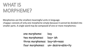 Morphemes are the smallest meaningful units in language.
«happy» consists of only one morpheme simply because it cannot be divided into
smaller parts. A single word may be composed of one or more morphemes:
 