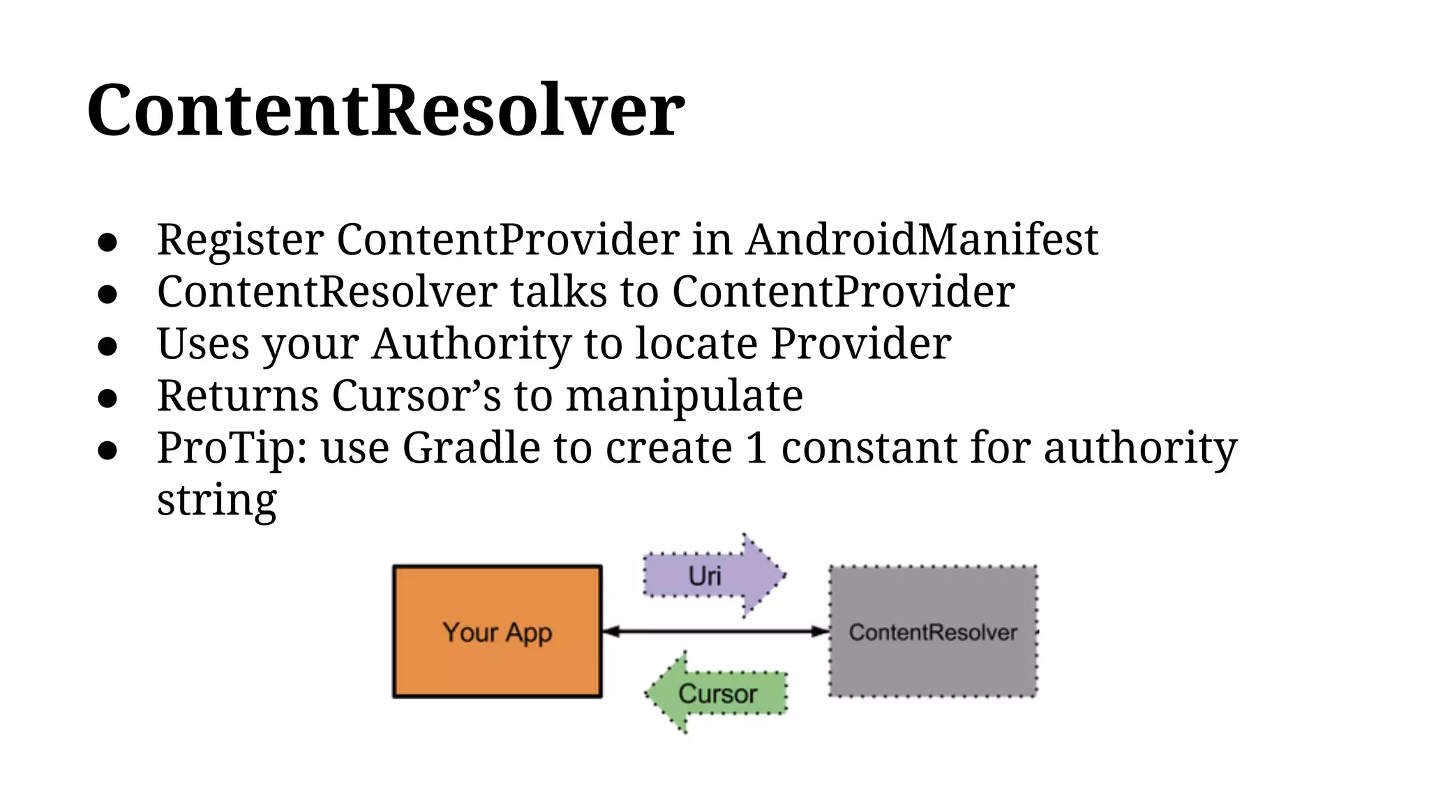 ● Register ContentProvider in AndroidManifest
● ContentResolver talks to ContentProvider
● Uses your Authority to locate Provider
● Returns Cursor’s to manipulate
● ProTip: use Gradle to create 1 constant for authority
string
ContentResolver
 