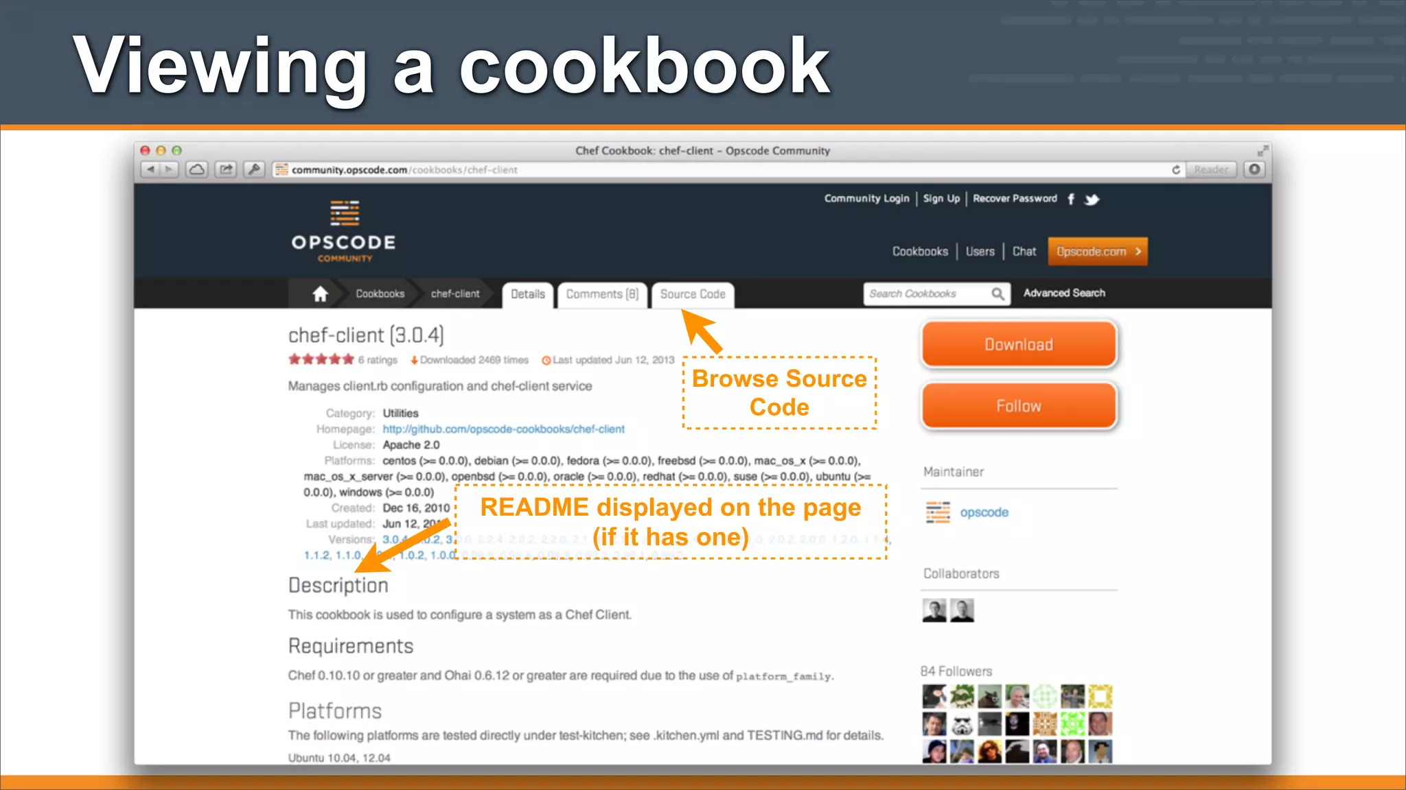 Viewing a cookbook

Browse Source
Code

README displayed on the page
(if it has one)

 