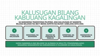 KALUSUGAN BILANG
KABUUANG KAGALINGAN
1
PISIKAL NA
KALUSUGAN
2
EMOSYONAL NA
KATATAGAN
3
MAAYOS NA
UGNAYAN SA
PAMILYA
4
ESPIRITWAL NA
KAPAYAPAAN
5
PAKIKIAYON SA
KALIKASAN
SA MARAMING TRADISYONG PILIPINO, ANG KALUSUGAN AY NAKIKITA
BILANG BALANSE NG IBA'T IBANG ASPETO NG BUHAY. KABILANG DITO ANG:
KAPAG NAWAWALA ANG BALANSE SA ALINMAN SA MGA ITO, PINANINIWALAANG
MAAARING MAGKAROON NG KARAMDAMAN O SULIRANIN SA KAGALINGAN.
 