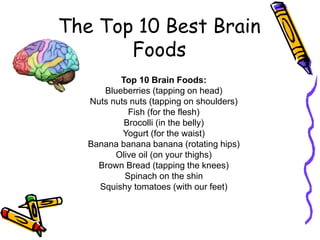The Top 10 Best Brain
Foods
Top 10 Brain Foods:
Blueberries (tapping on head)
Nuts nuts nuts (tapping on shoulders)
Fish (for the flesh)
Brocolli (in the belly)
Yogurt (for the waist)
Banana banana banana (rotating hips)
Olive oil (on your thighs)
Brown Bread (tapping the knees)
Spinach on the shin
Squishy tomatoes (with our feet)
 