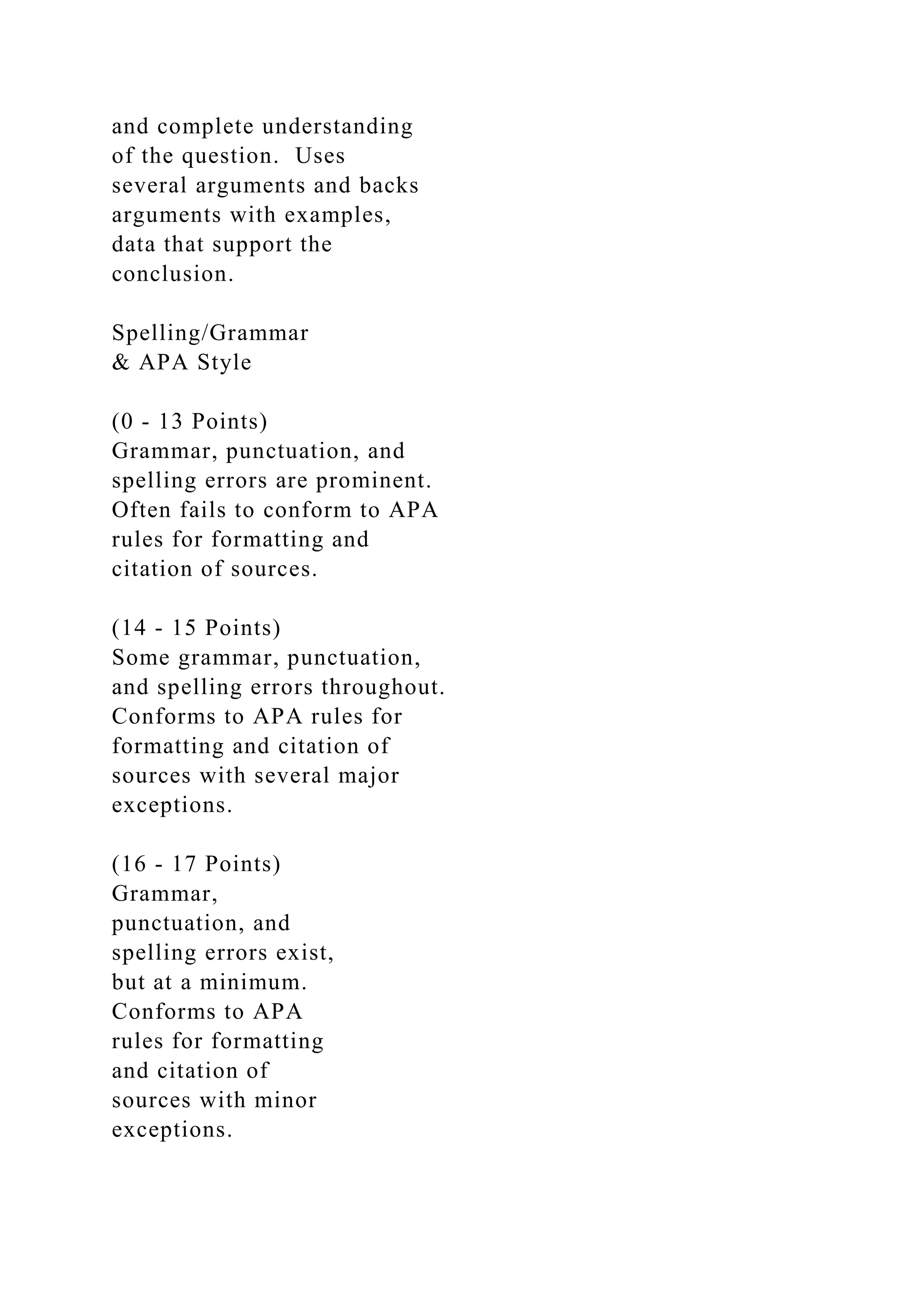 and complete understanding
of the question. Uses
several arguments and backs
arguments with examples,
data that support the
conclusion.
Spelling/Grammar
& APA Style
(0 - 13 Points)
Grammar, punctuation, and
spelling errors are prominent.
Often fails to conform to APA
rules for formatting and
citation of sources.
(14 - 15 Points)
Some grammar, punctuation,
and spelling errors throughout.
Conforms to APA rules for
formatting and citation of
sources with several major
exceptions.
(16 - 17 Points)
Grammar,
punctuation, and
spelling errors exist,
but at a minimum.
Conforms to APA
rules for formatting
and citation of
sources with minor
exceptions.
 