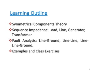 Learning OutlineLearning Outline
Symmetrical Components TheorySymmetrical Components Theory
Sequence Impedance: Load, Line, Generator, 
T fTransformer
Fault Analysis: Line‐Ground, Line‐Line, Line‐
Line‐Ground.
Examples and Class Exercisesp
1
 