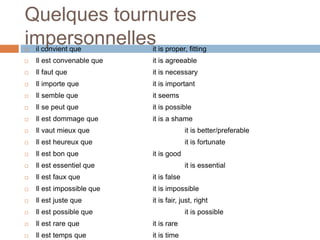 Quelques tournures
impersonnelles il convient que it is proper, fitting
 Il est convenable que it is agreeable
 Il faut que it is necessary
 Il importe que it is important
 Il semble que it seems
 Il se peut que it is possible
 Il est dommage que it is a shame
 Il vaut mieux que it is better/preferable
 Il est heureux que it is fortunate
 Il est bon que it is good
 Il est essentiel que it is essential
 Il est faux que it is false
 Il est impossible que it is impossible
 Il est juste que it is fair, just, right
 Il est possible que it is possible
 Il est rare que it is rare
 Il est temps que it is time
 