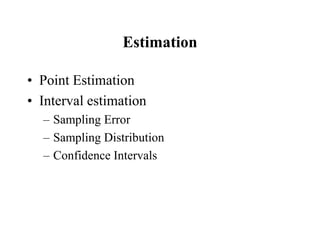 Estimation
• Point Estimation
• Interval estimation
– Sampling Error
– Sampling Distribution
– Confidence Intervals
 